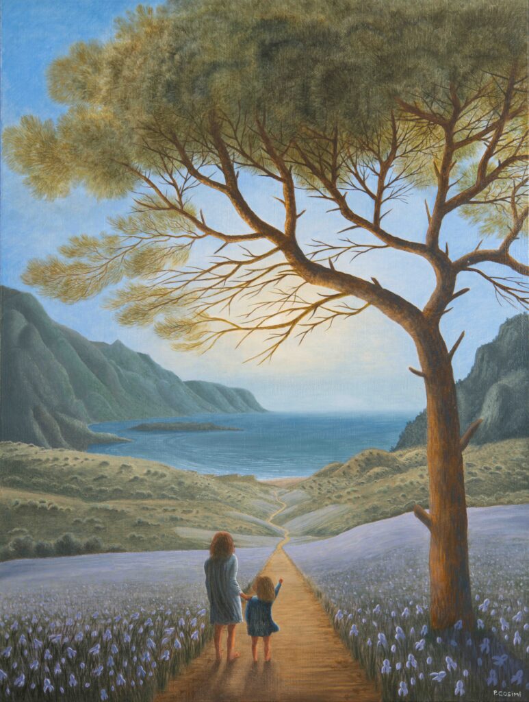 Sous la lumière douce d’un paysage méditerranéen, un arbre majestueux veille sur un chemin menant vers la mer. Deux silhouettes avancent ensemble, incarnant la transmission, la protection et le lien invisible entre les générations. L’œuvre évoque l’ancrage, la mémoire et la relation profonde entre l’être humain et la nature.