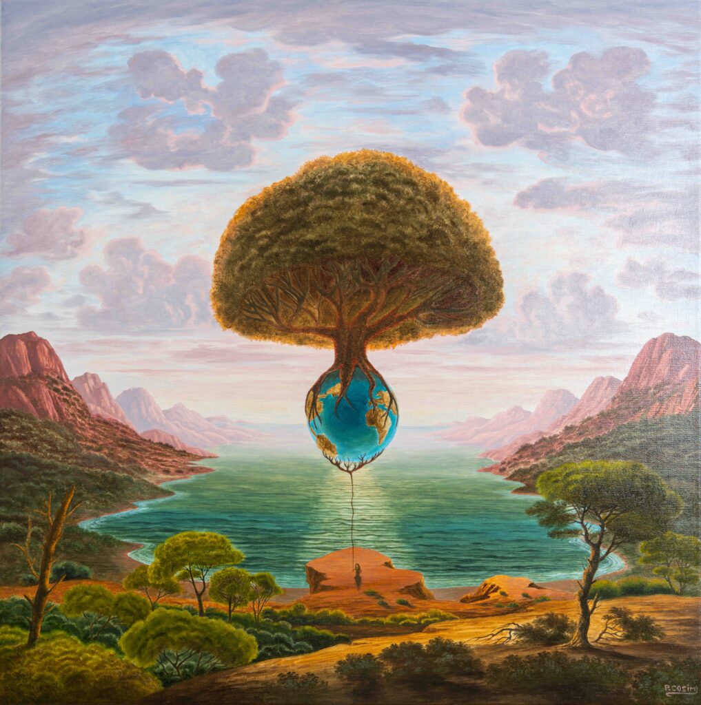 Au cœur d’un paysage baigné de lumière, un arbre majestueux s’élève, ses racines enlacées autour de la planète Terre suspendue au-dessus de l’eau. L’ensemble forme une vision d’équilibre fragile entre le ciel, la terre et le vivant. La présence humaine, minuscule face à cette harmonie cosmique, rappelle notre lien essentiel avec la nature et notre responsabilité envers le monde. Cette œuvre explore l’interconnexion du vivant, l’ancrage, la régénération et la nécessité de préserver l’équilibre naturel.