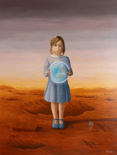 Une enfant tient la planète avec délicatesse, au cœur d’un paysage marqué par le temps. L’innocence de l’enfance contraste avec la fragilité du monde, transformant ce geste simple en symbole de responsabilité et d’espoir. L’œuvre invite à contempler notre lien à la Terre et la nécessité de préserver le vivant.